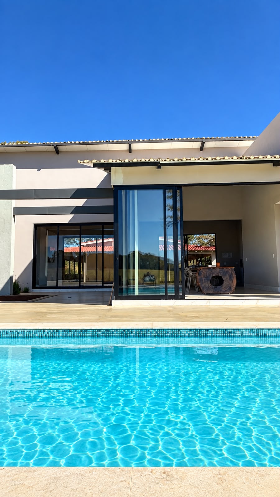Fachada com portas de correr de vidro e borda da piscina em primeiro plano