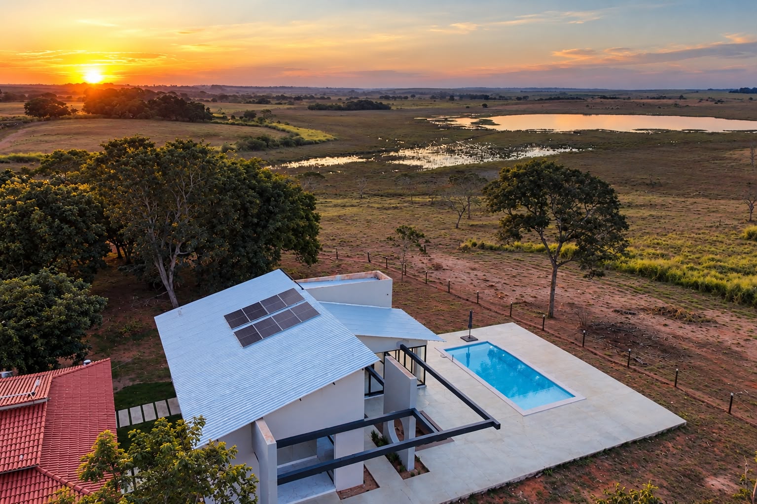 Vista aérea da residência com piscina e painéis solares ao pôr do sol