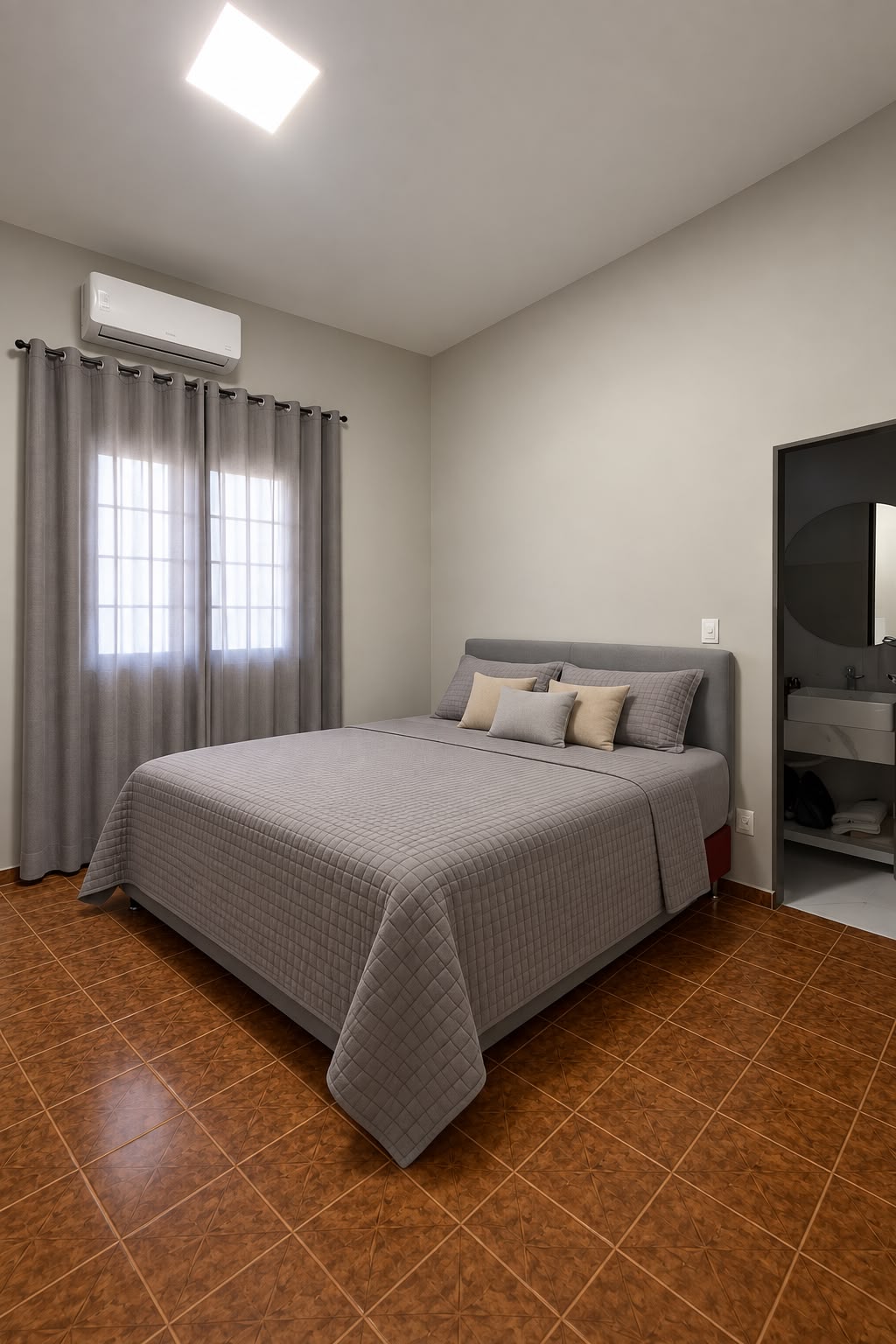 Quarto com cama de casal, ar-condicionado e banheiro privativo