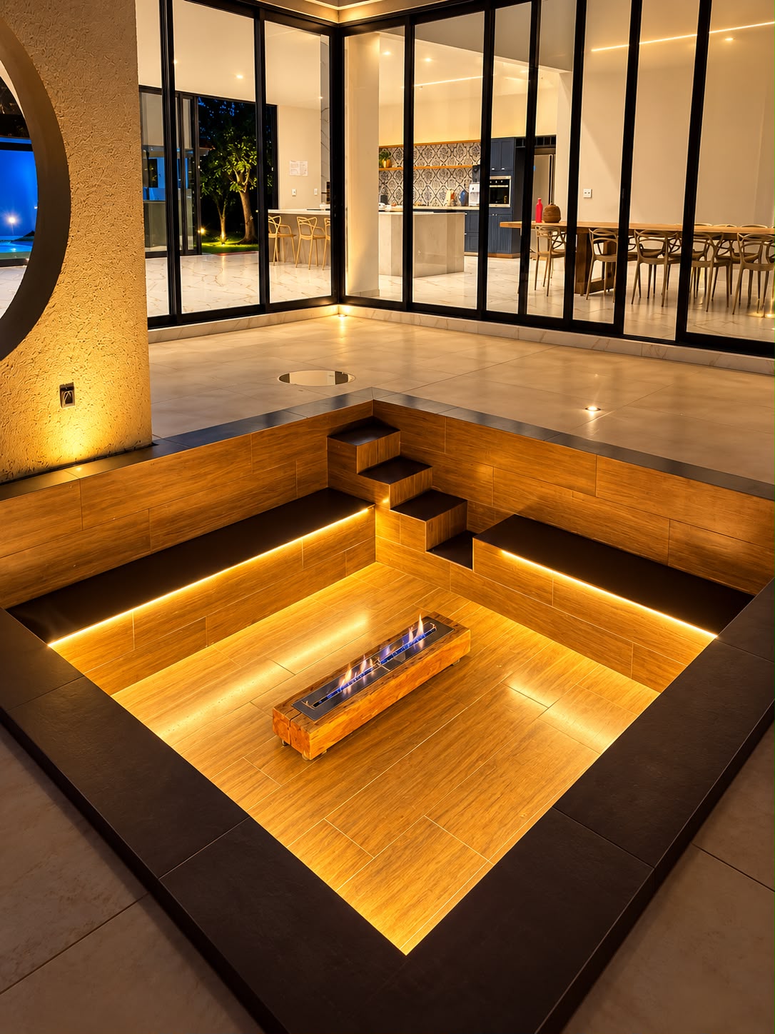 Firepit rebaixado com lareira central acesa e madeira iluminada à noite
